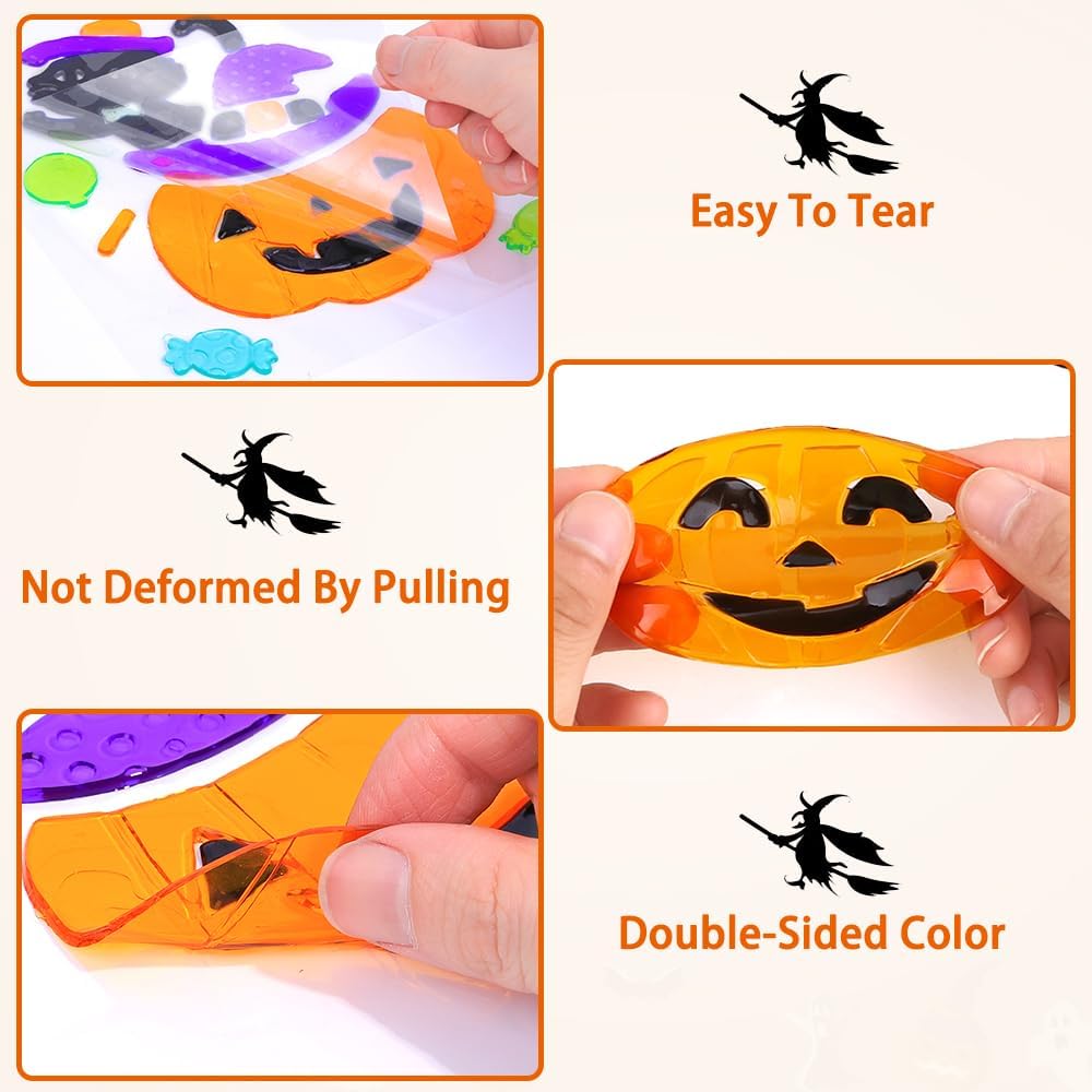 JOICEE Calcomanías gruesas de gel para Halloween para niños, lindas calabazas, brujas, murciélagos, gatos negros, calcomanías para decoración de