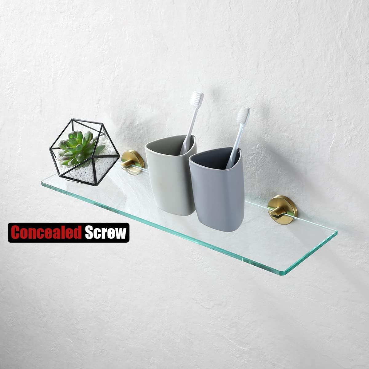 JQK Estante de vidrio para baño dorado, almacenamiento de ducha de vidrio templado de 20 por 5 pulgadas, montaje de pared dorado cepillado de acero
