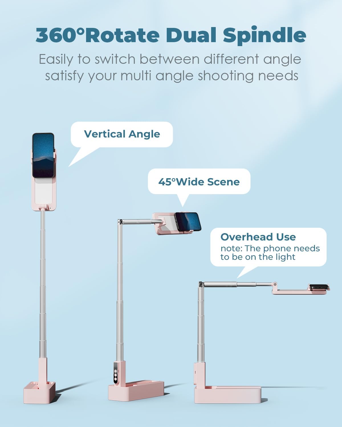 Viozon Soporte extensible para teléfono selfie, montaje superior, luz para selfie, rotación de 360, recargable, inalámbrico, plegable, 5 brillos y