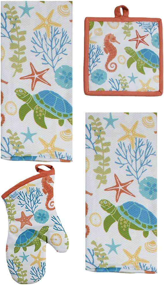 Kay Dee Designs – Paquete de cocina de tortuga marina de 4 piezas, 2 toallas de doble propósito, agarradera y guante de horno