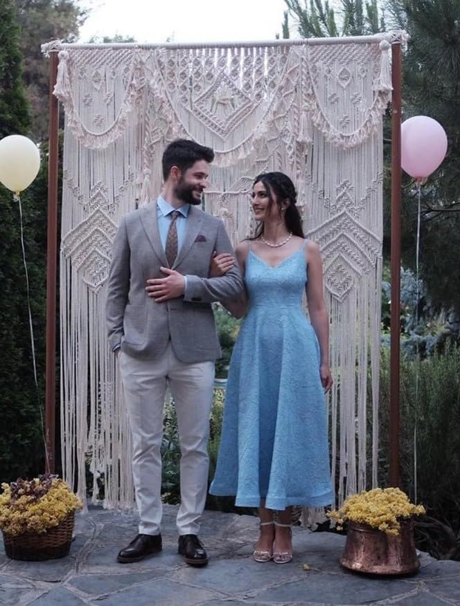 Cortina grande de macramé hecha a mano, decoración bohemia, arco de pared, telón de fondo para colgar en la pared de boda (ancho 85 x 85 pulgadas de
