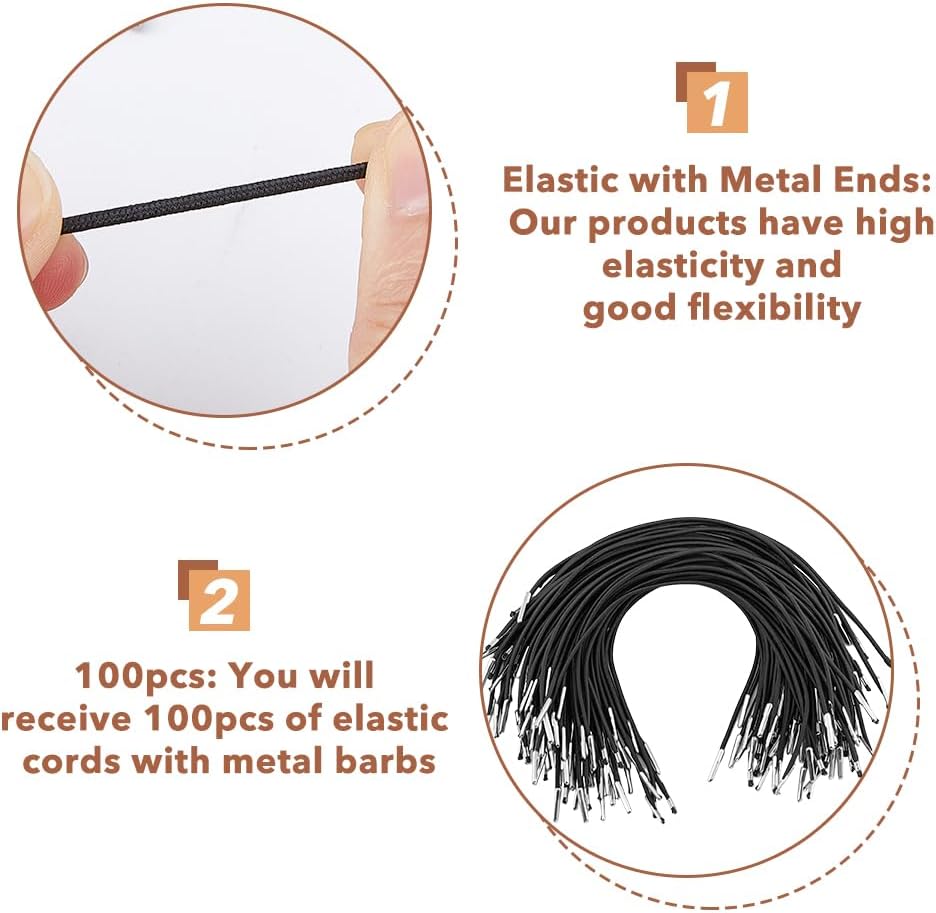 SUPERFINDINGS 100 unidades de cordón elástico negro de púas con extremos de metal, cordón elástico con púas, banda elástica con púas de metal para