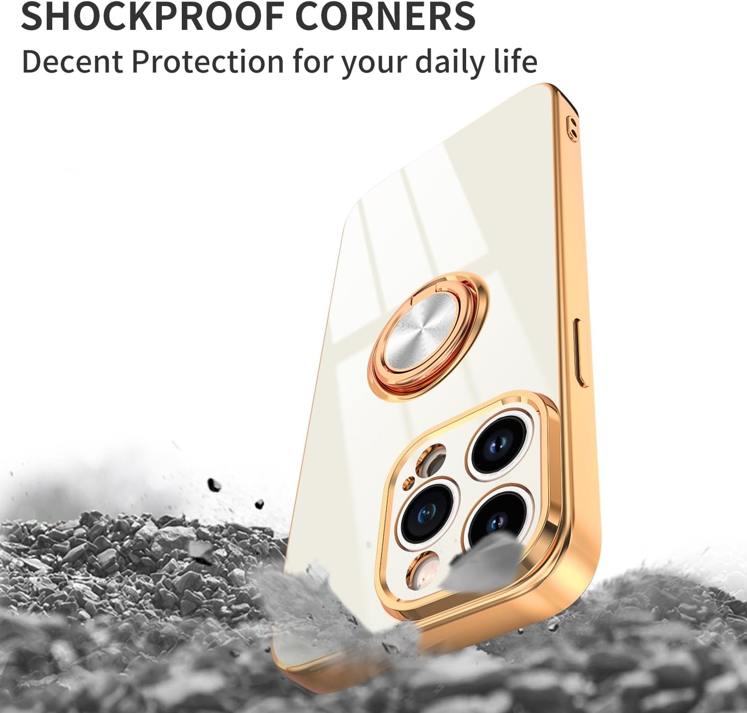 Funda blanca para iPhone 15 Pro Max con soporte de anillo con magnético parachoques de TPU suave, cubierta galvanizada dorada con purpurina, funda