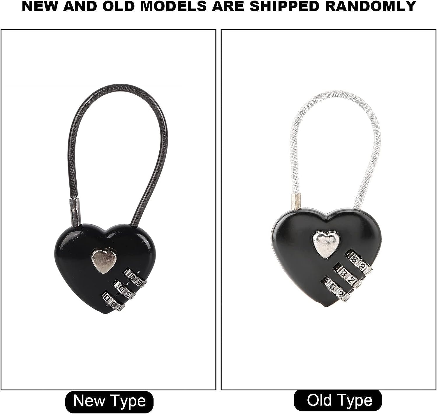 Cerradura de código en forma de corazón negro, tamaño mini compacto con combinación de código de 3 dígitos para equipaje, mochila, joyero, candados