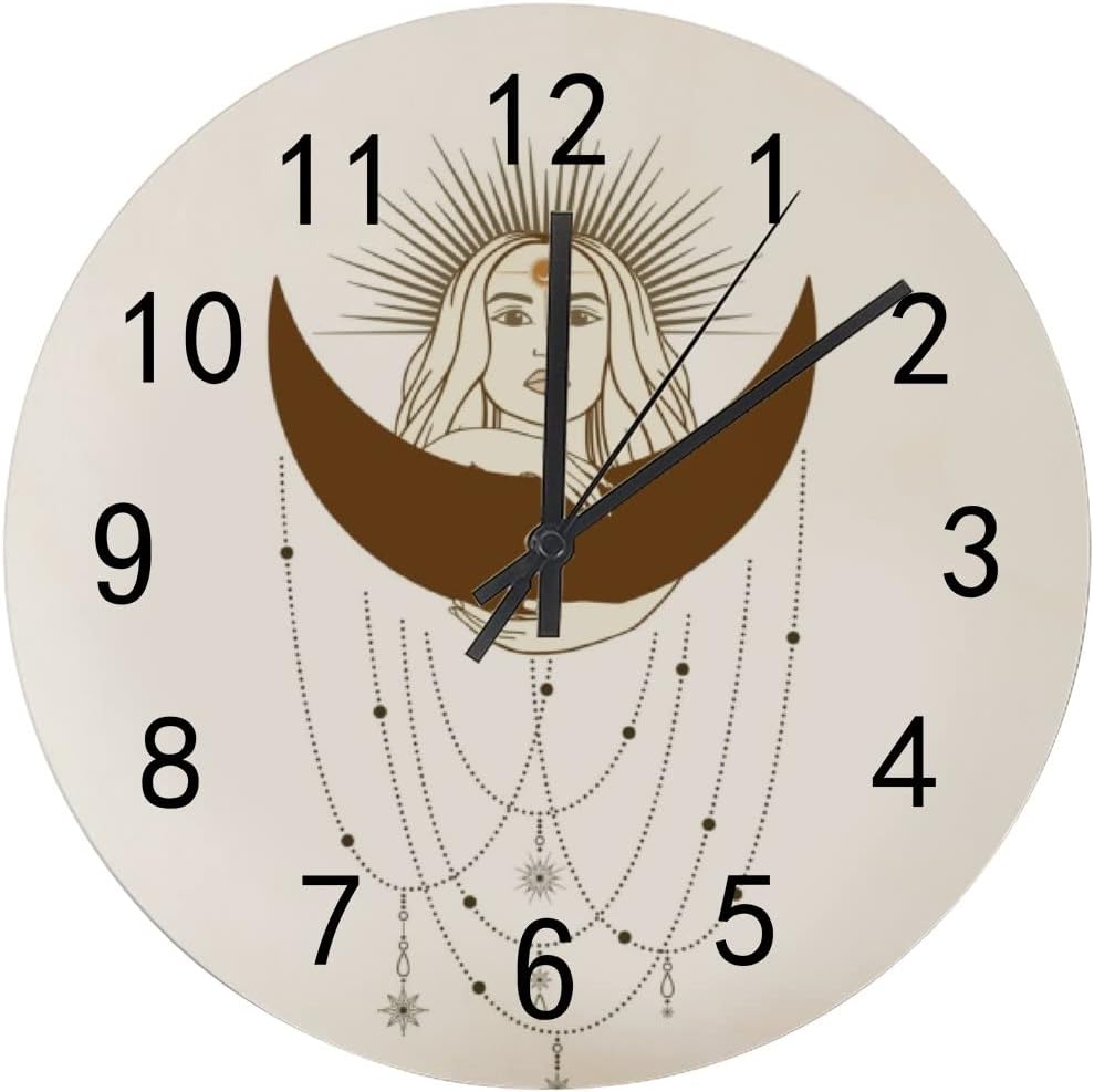 Reloj de pared de madera con pilas, silencioso, sin tictac, dibujado a mano, mujer mística, sol, luna, estrella, reloj redondo y preciso, sala de