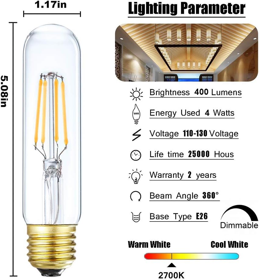 Leools Bombilla de tubo LED de vidrio de 4 W, regulable Edison T10, bombilla tubular E26 de base media, bombilla incandescente de 40 W, equivalente