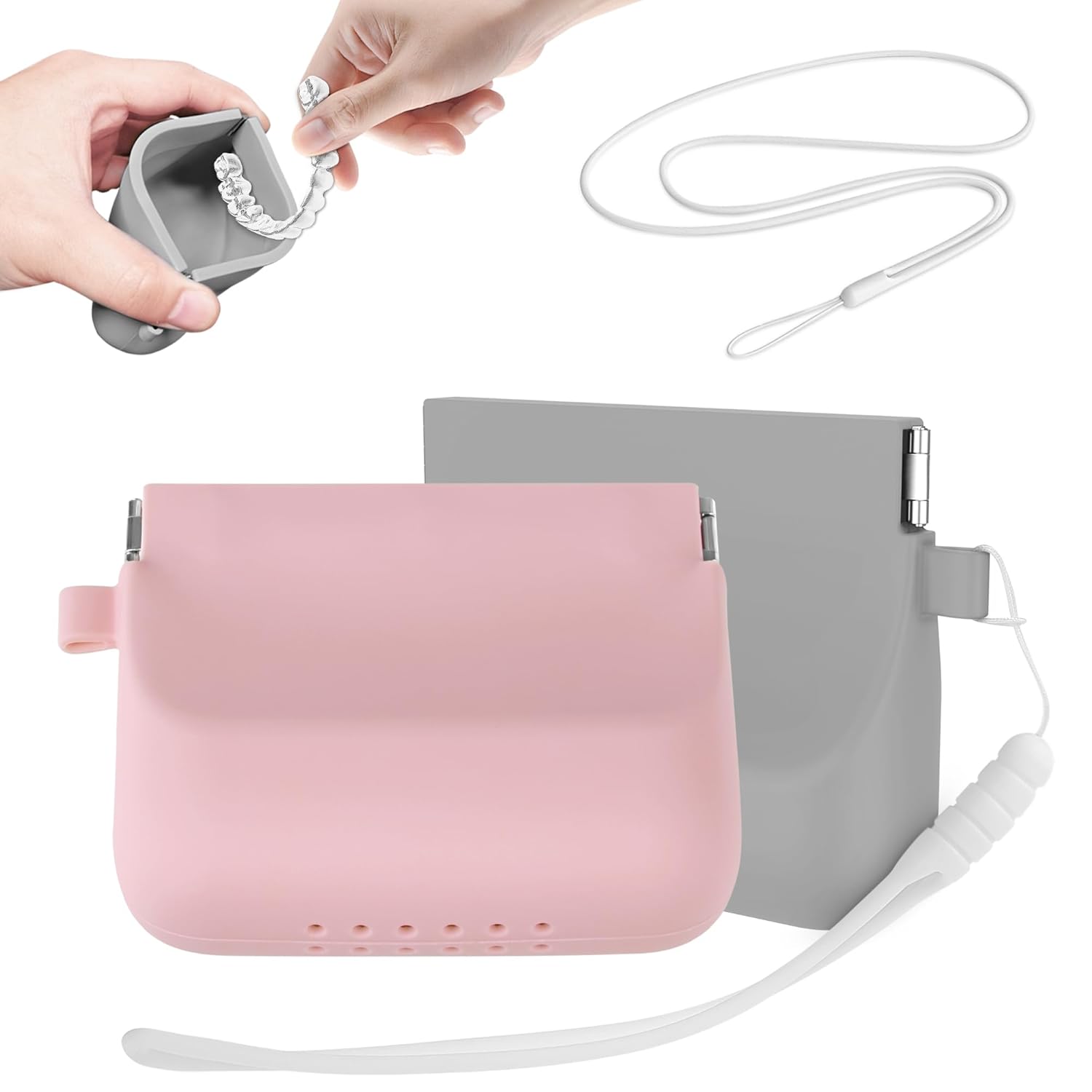 Nearockle Paquete de 2 fundas de silicona con cordón, funda suave para dentaduras postizas con orificios de ventilación compatibles con Invisalign,
