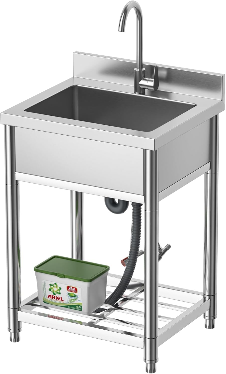 Fregadero de acero inoxidable, fregadero de cocina de un solo tazón con grifo de agua fría y caliente, fregadero comercial para restaurante, bar,