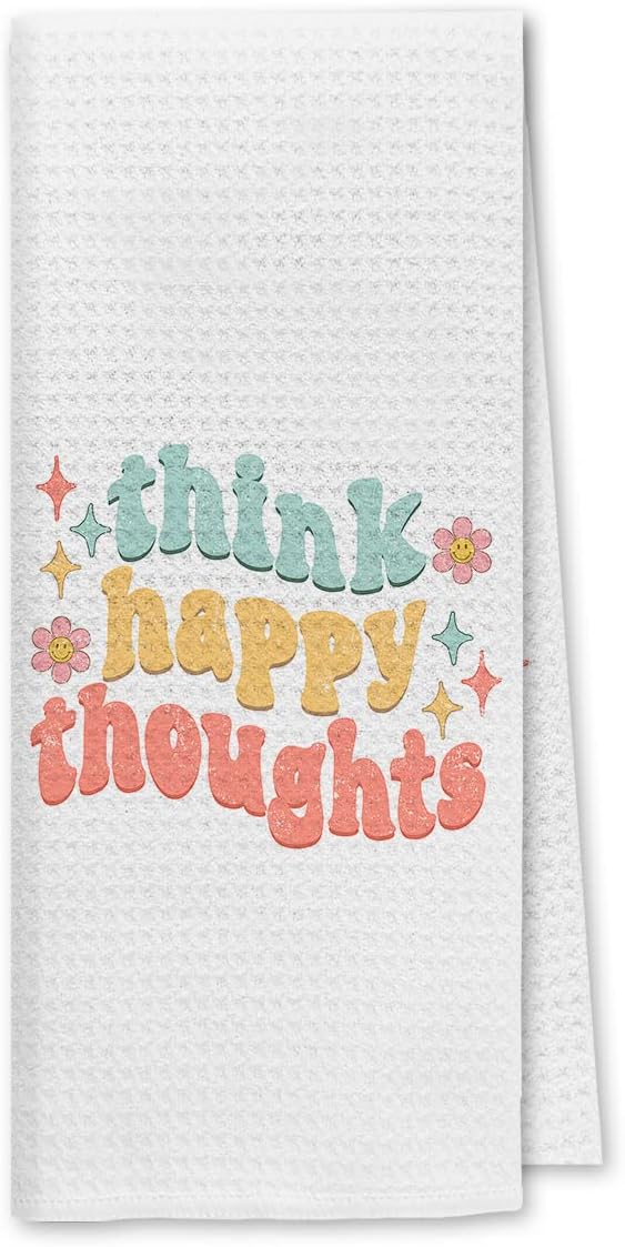 Paño de cocina con frase positiva Think Happy Thoughts, bohemio, retro, Groovy Daisy Smiley, cara sonriente, paños de cocina, paño de secado