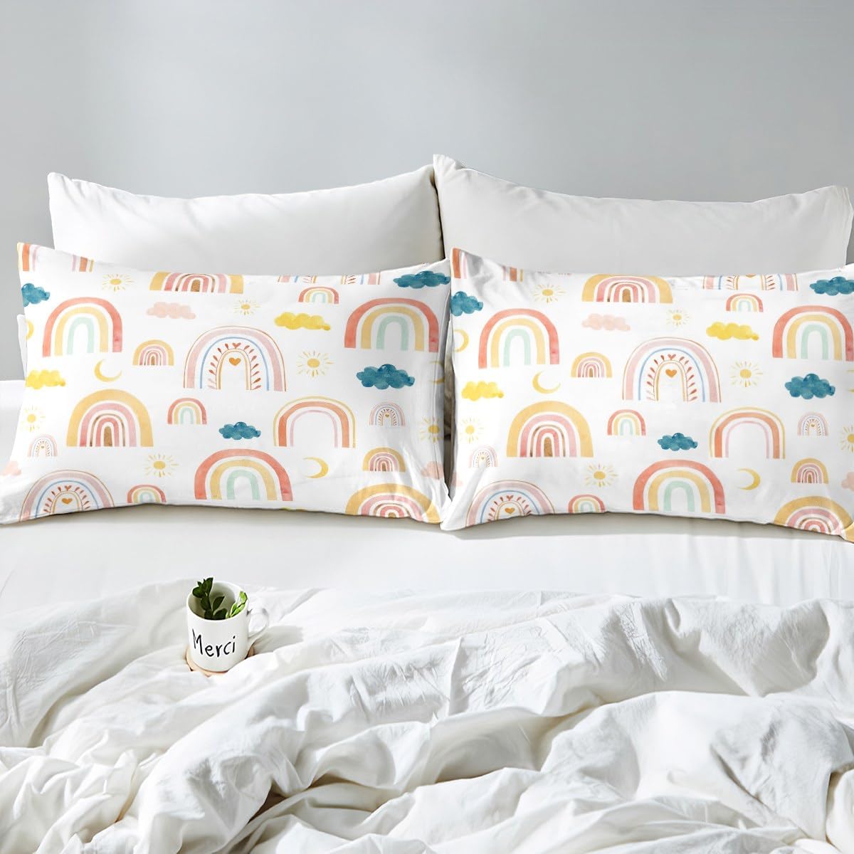 Feelyou Juego de sábanas tamaño matrimonial Kawaii Cloud Rainbow para niños, juego de sábanas para niños, ultra suaves y encantadoras, con bolsillo