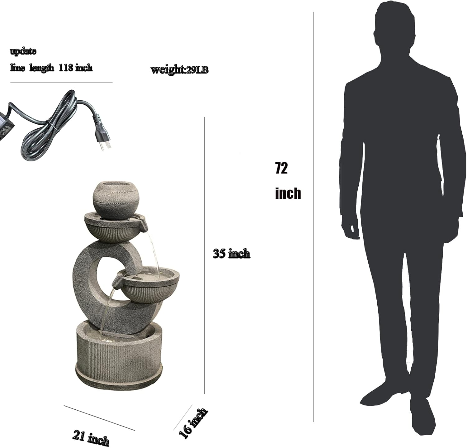 Fuente de agua para exteriores, cuencos de 3 niveles, fuente independiente para jardín, 35 pulgadas de alto para patio, porche, patio