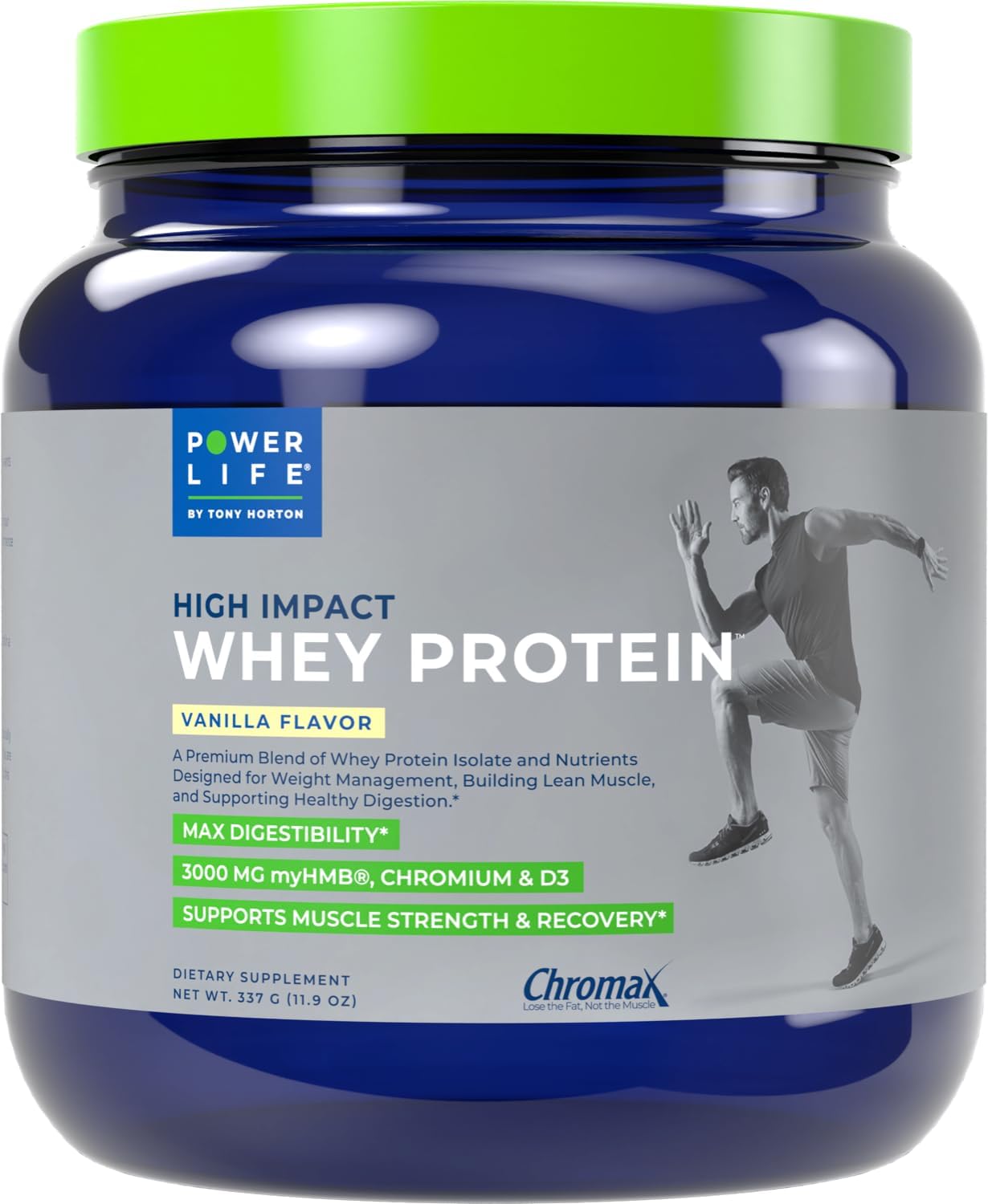 POWERLIFE Tony Horton Proteína de suero de alto impacto alimentada con pasto con 3000 mg de HMB, sin azúcar añadido, sin OMG, sin hormonas y
