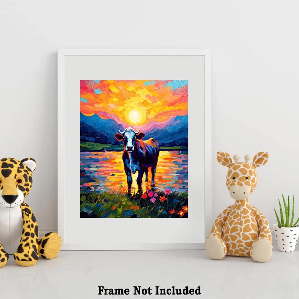 Bestbuddy Pet 8 x 10 sin marco noche estrellada Van Gogh inspirado vaca lechera junto al lago Flores Granja Animal Leche Vaca Ganado Familia Pintura