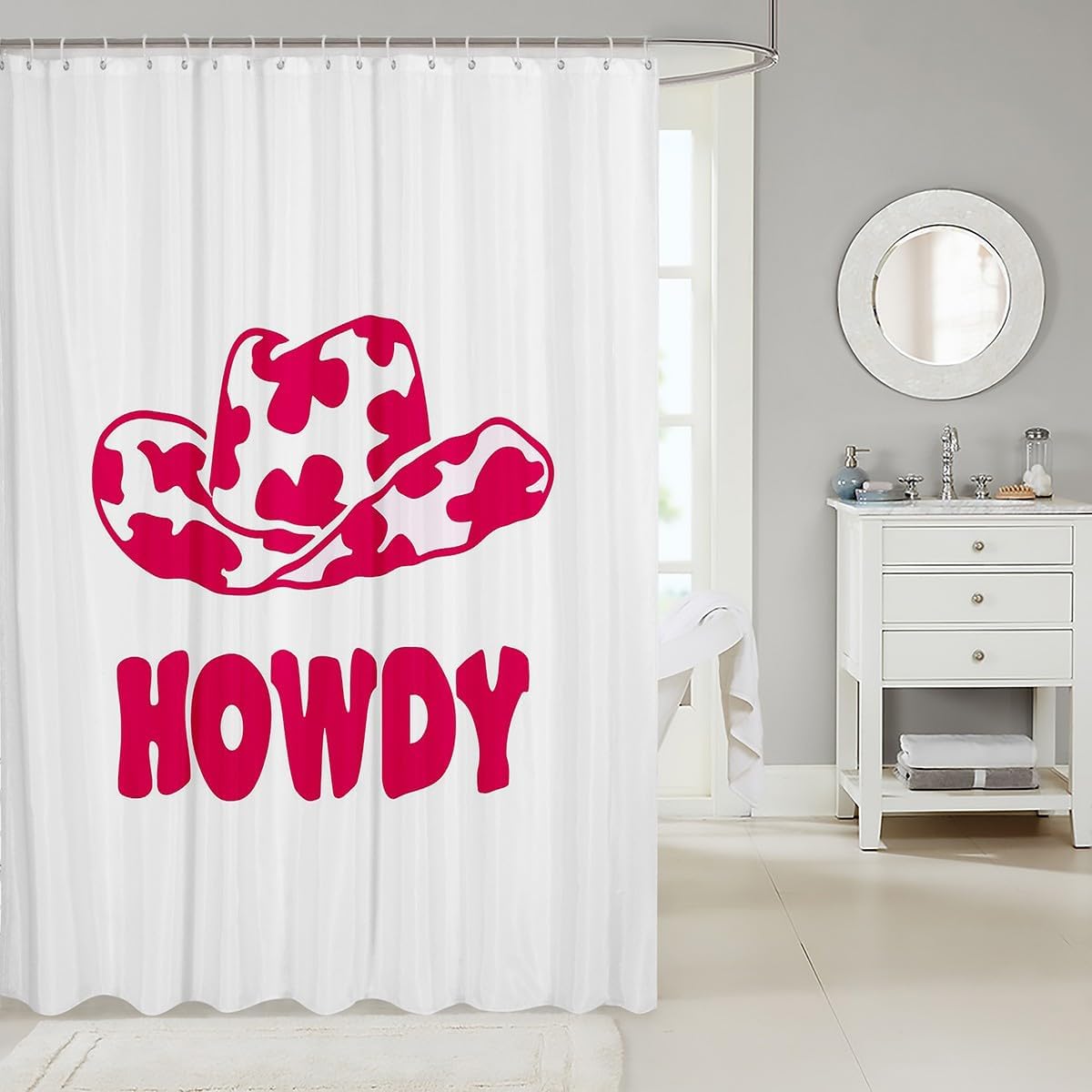 Feelyou Howdy – Cortina de baño estampada con patrón de sombrero occidental para niños, juego de cortina de ducha de vaquera rosa, accesorios de