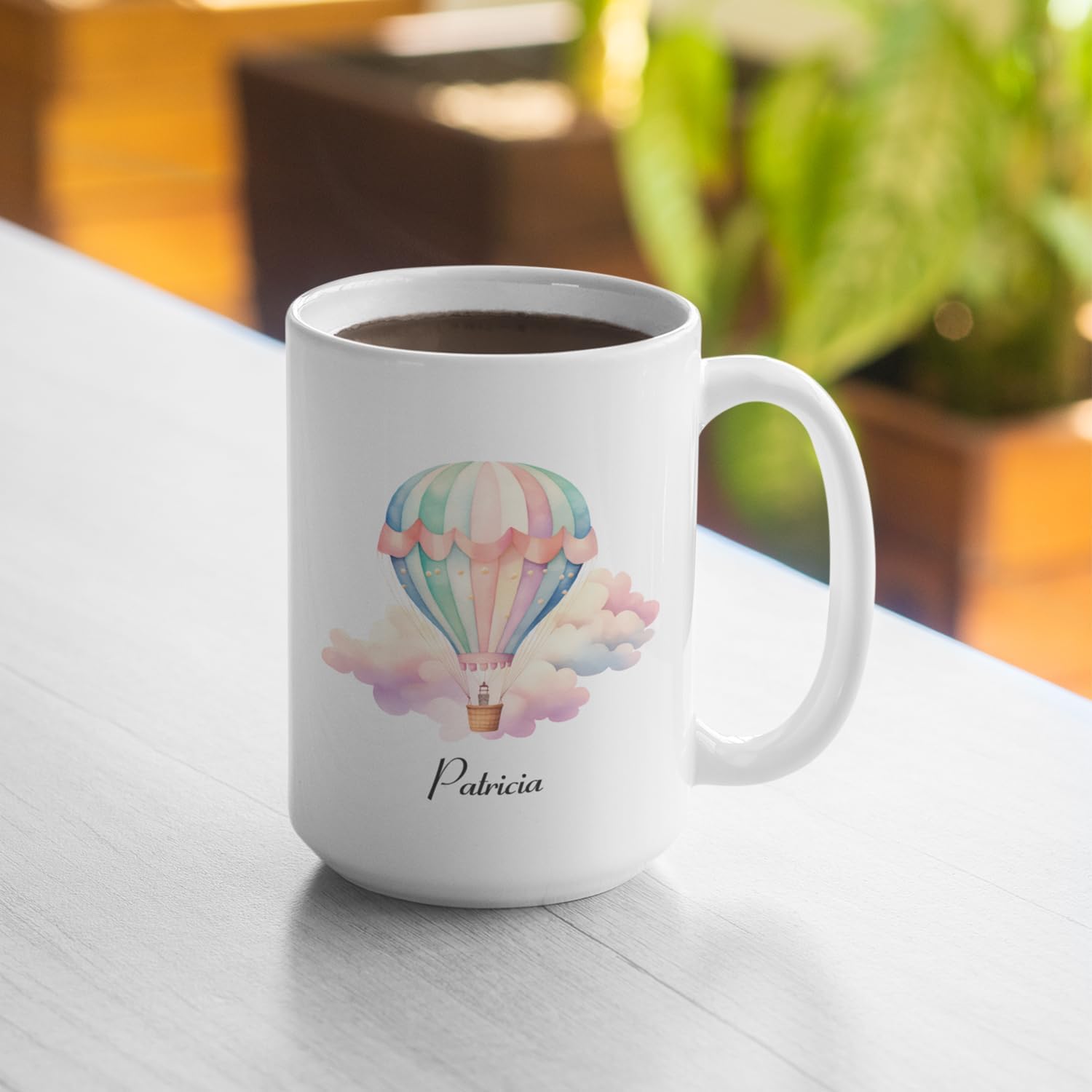 Nombre personalizado Tazas de café para niños, Tazas de café personalizadas pastel colorido globo de aire caliente, Tazas de café y té de chocolate
