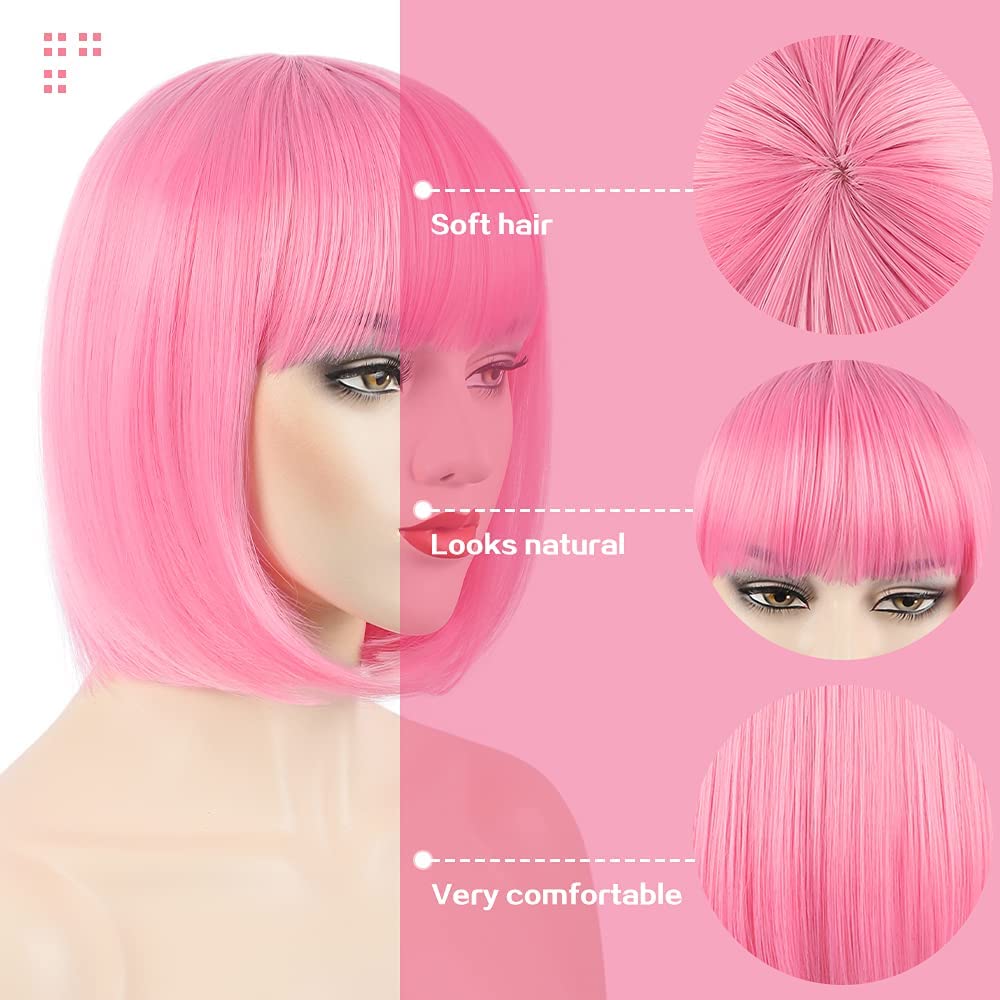 Peluca Bob con flequillo, pelucas rosas de 12 pulgadas para mujer, pelucas cortas de aspecto natural con flequillo, peluca Bob súper linda fácil de