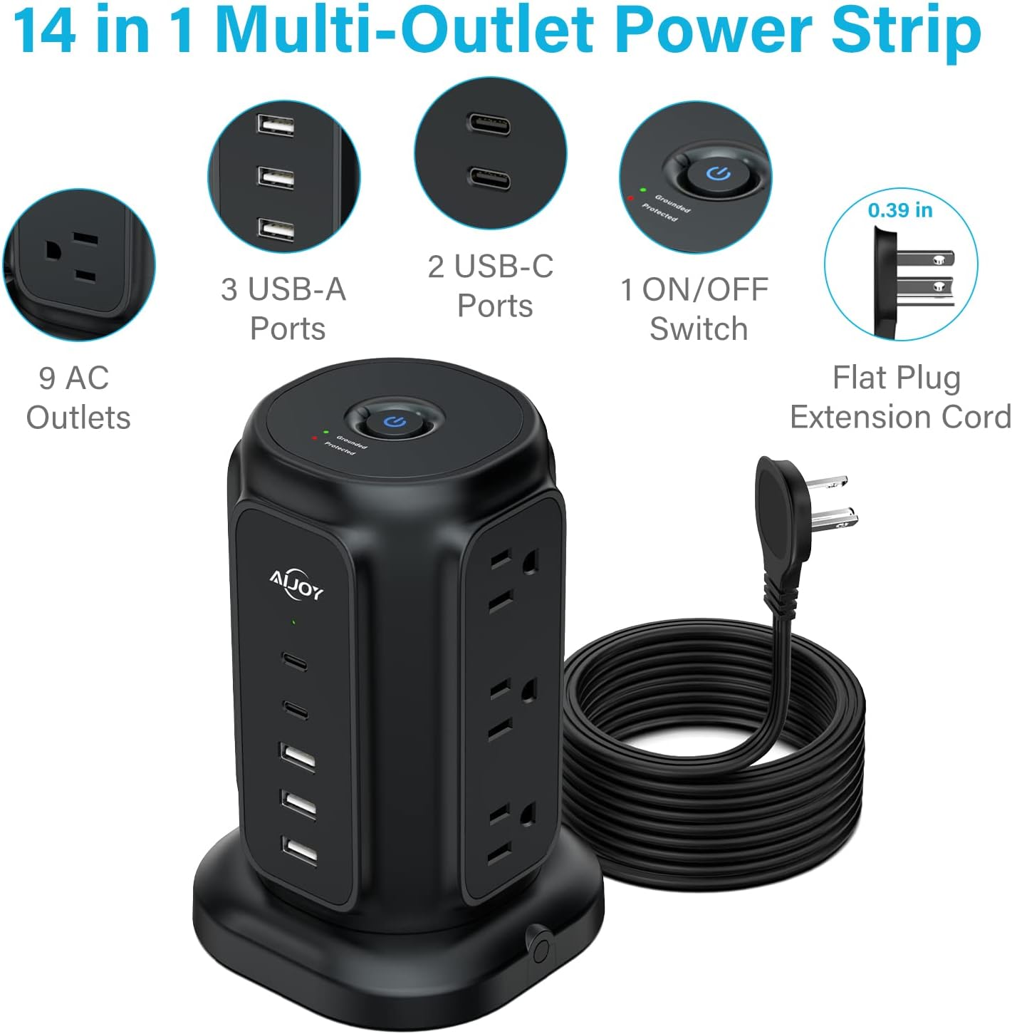 AiJoy – Regleta de alimentación de enchufe plano con 2 puertos USB-C y 3 puertos USB-A, cable de extensión ultrafino de 6.5 pies con múltiples