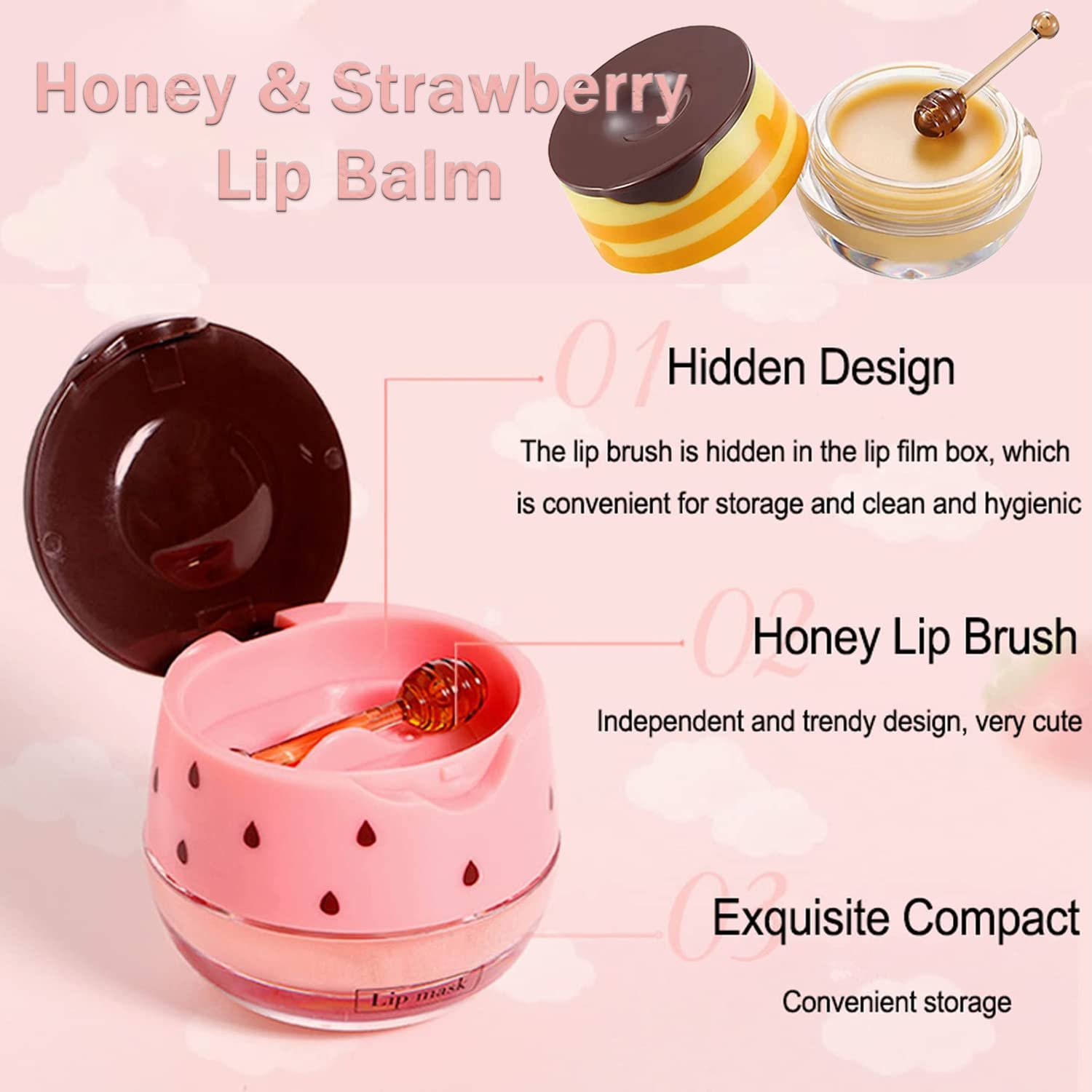 Bálsamo labial de abeja Honey Pot, 2 máscaras labiales de fresa y miel, prevención hidratante, exfoliante labial seco y agrietado, máscara de sueño