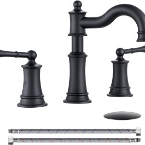 Grifo romano para fregadero de baño, 3 agujeros, negro mate, 2 asas, instalación generalizada de montaje en cubierta de 8 pulgadas con ensamblaje de Grifo romano para fregadero de baño, 3 agujeros, negro mate, 2 asas, instalación generalizada de montaje en cubierta de 8 pulgadas con ensamblaje de