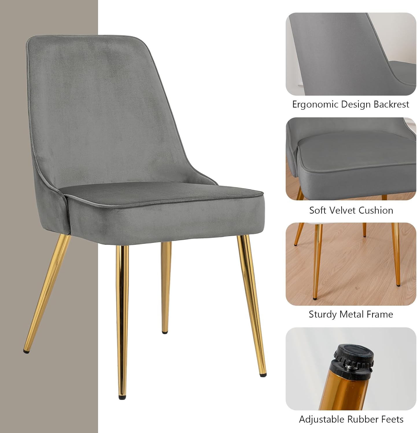 ecoluxehaven Modern Dining Chairs Set of 2,Mid-Century Upholstered Velvet Kitchen & Dining Room Chairs Living Room Chair with Metal Golden Legs,Grey
