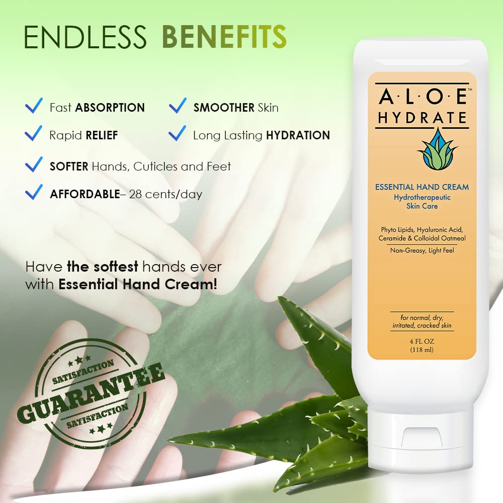 AloeHydrate Crema de manos esencial alivia, repara, suaviza y suaviza las manos y pies secos, las cutículas y la piel agrietada. Loción de manos no