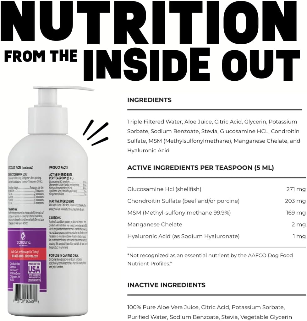 Dinovite BeneBoost – Cubrealimentos líquidos para caderas y articulaciones para perros, suplemento de glucosamina, decoración de comida de movilidad
