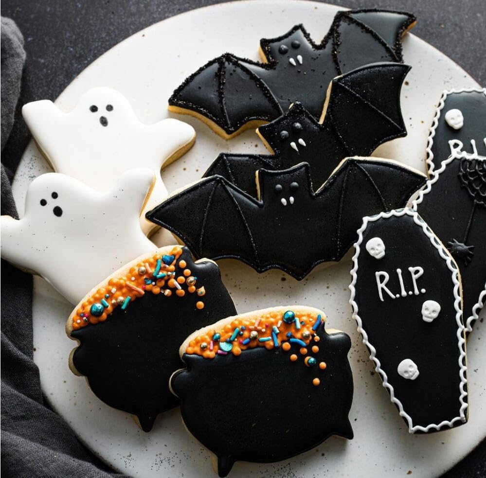 Cortadores de galletas de Halloween, 5 piezas de acero inoxidable para hornear, moldes de calabaza, fantasma, dientes de vampiro, murciélago, ataúd