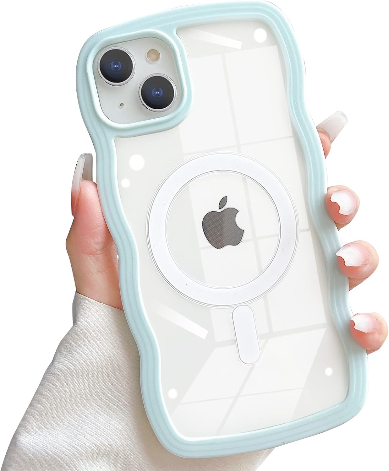 Skyseaco Funda para iPhone 14, compatible con MagSafe, bonita forma de marco de onda rizada, a prueba de golpes, suave funda magnética para mujeres