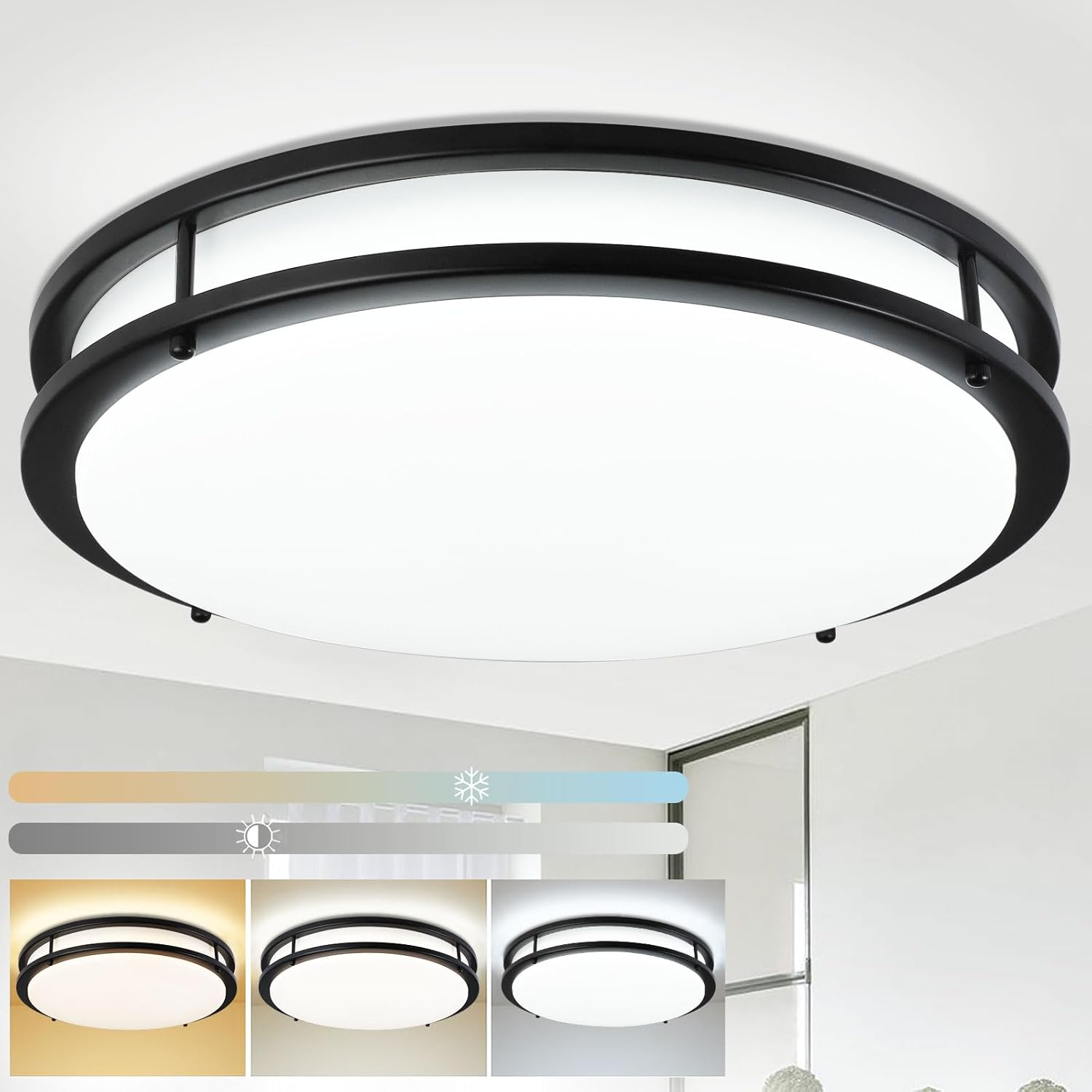 DLLT – Lámpara de techo LED moderna de 48 W con control remoto, 18 pulgadas, regulable, color negro, redondo, para dormitorio, cocina, pasillo, modo