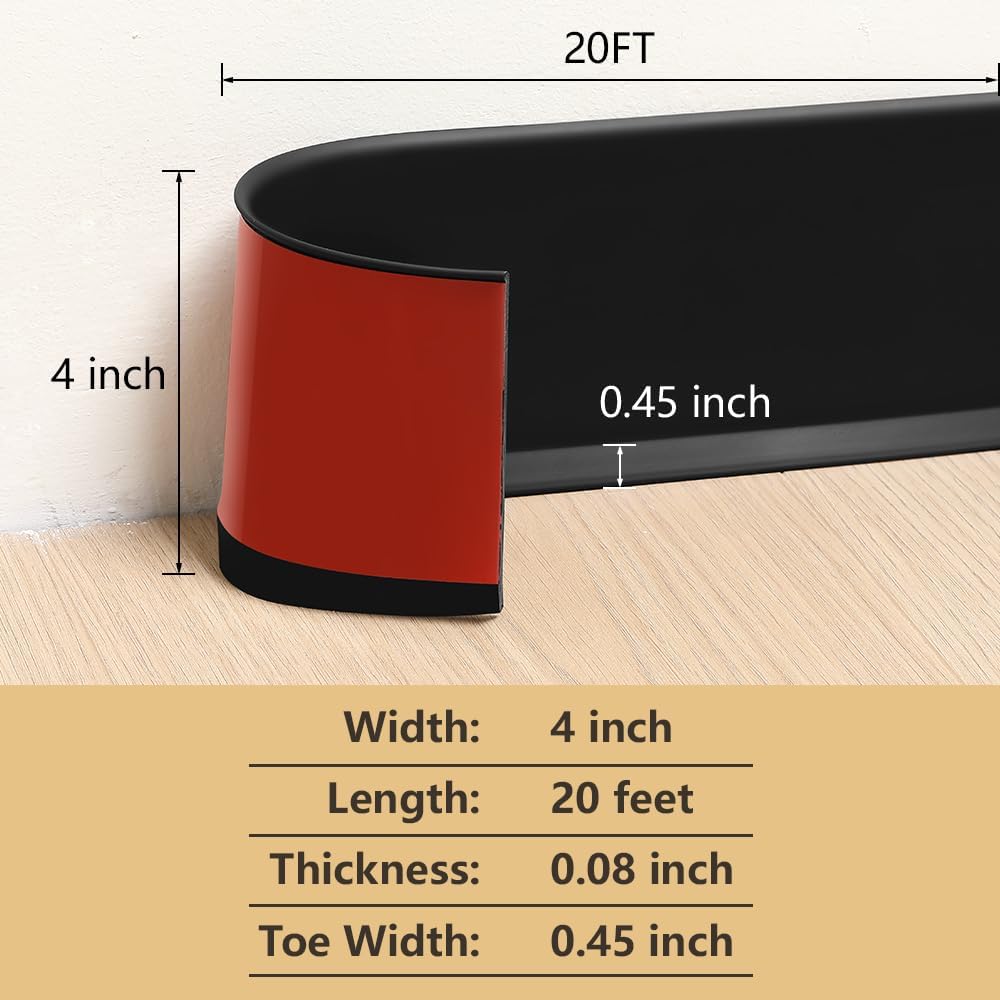 Moldura flexible para zócalo, base de pared de vinilo de diseño autoadhesivo, moldura de goma para despegar y pegar, 4 pulgadas de ancho x 20 pies
