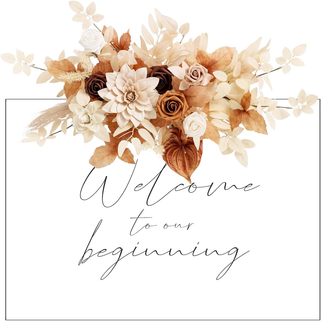 Ling’s Moment Letrero de bienvenida con estampado floral de otoño para boda, flores artificiales, guirnalda de terracota óxido sepia para ceremonia,