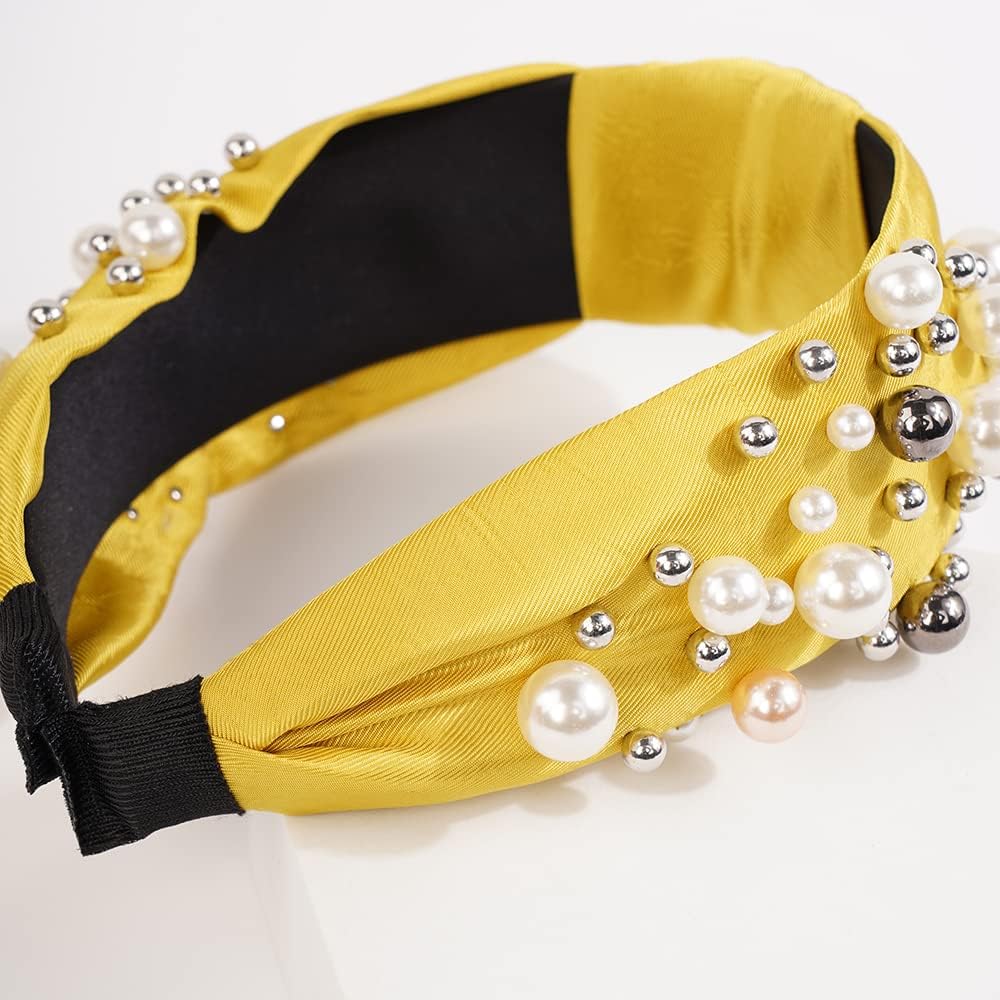Diademas anudadas de perlas para mujer, diadema ancha de perlas anchas para la cabeza, accesorios para el cabello bohemios (amarillo)