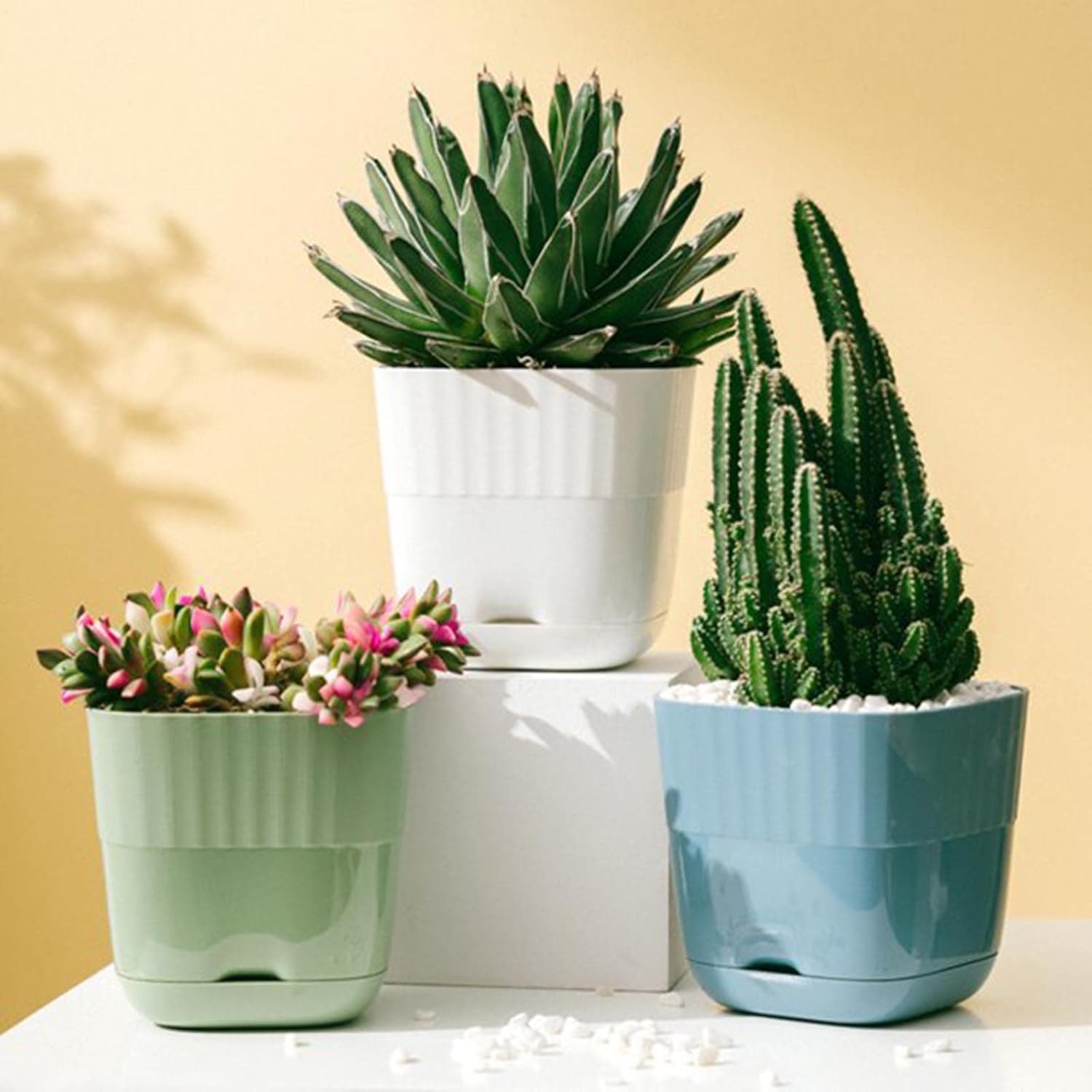 Macetas de plástico con múltiples agujeros y bandejas, macetas para plantas de interior y exterior, flores, suculentas, decoración moderna para el