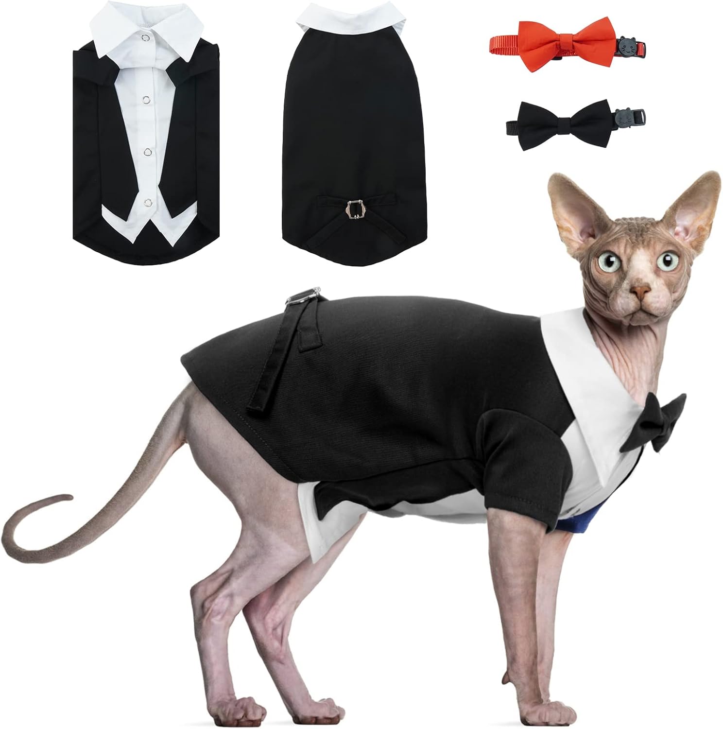 DENTRUN Traje de esmoquin de gato con dos corbatines, elegante camisa de gato, atuendo formal de gato, ropa de moda de gato sin pelo, atuendo formal