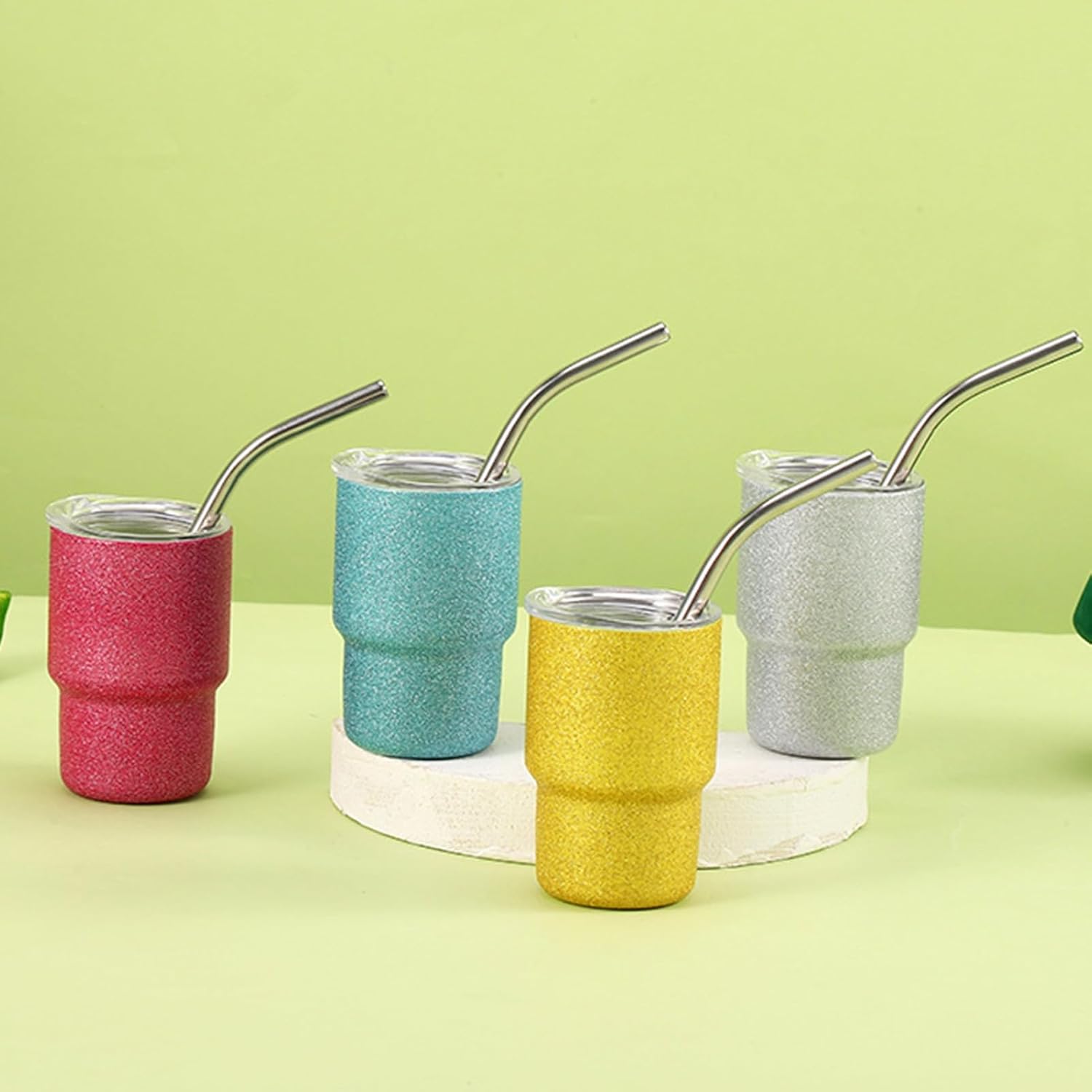 Lindos vasos de chupito con tapa, grado alimenticio, a prueba de fugas, resistente al calor, de acero inoxidable, con aislamiento, pajita, taza de
