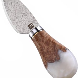 Cuchillo de queso de acero de Damasco para tablas de embutidos, cortador de queso para quesos suaves y duros desmenuzables, resina blanca y mango de Cuchillo de queso de acero de Damasco para tablas de embutidos, cortador de queso para quesos suaves y duros desmenuzables, resina blanca y mango de