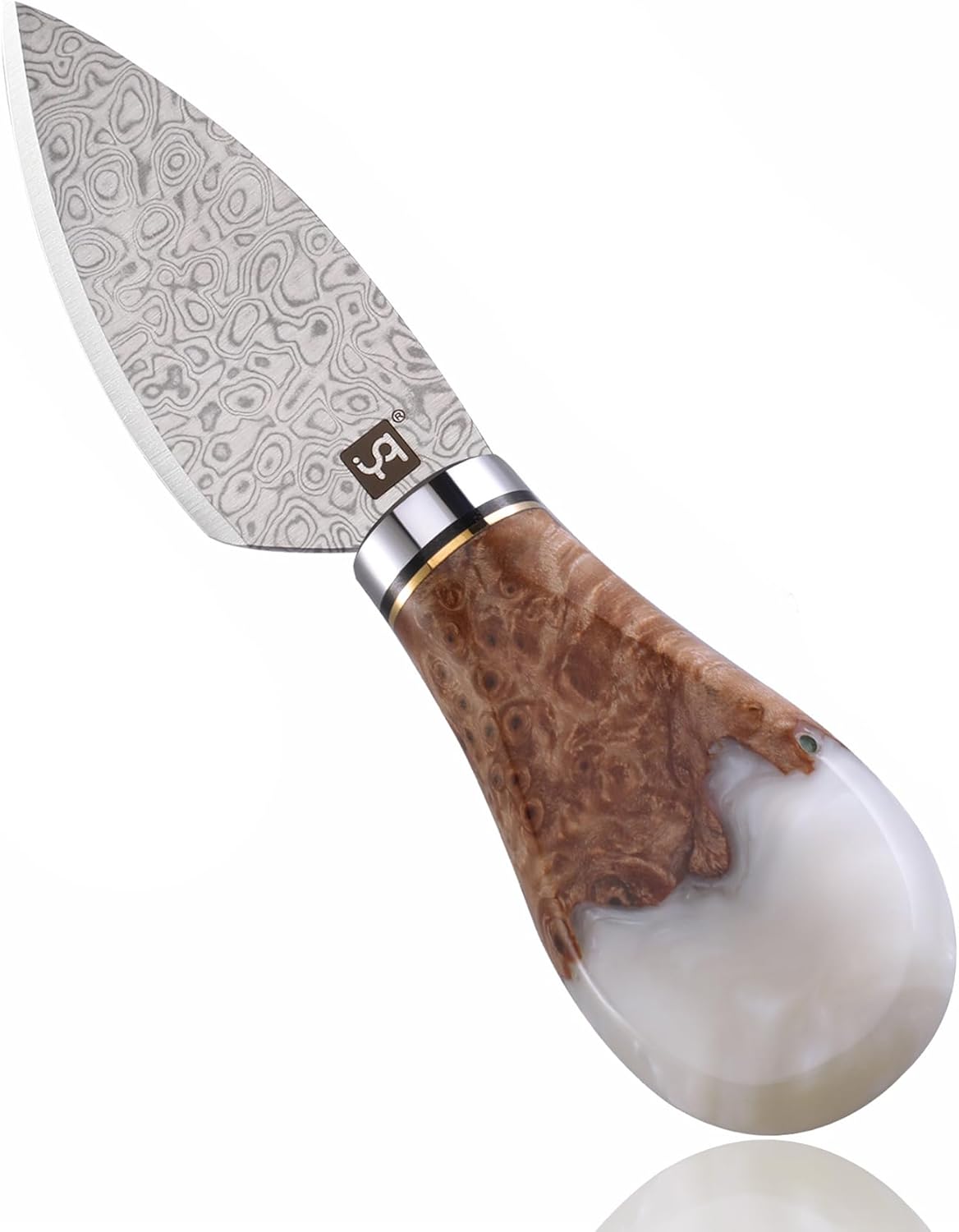 Cuchillo de queso de acero de Damasco para tablas de embutidos, cortador de queso para quesos suaves y duros desmenuzables, resina blanca y mango de
