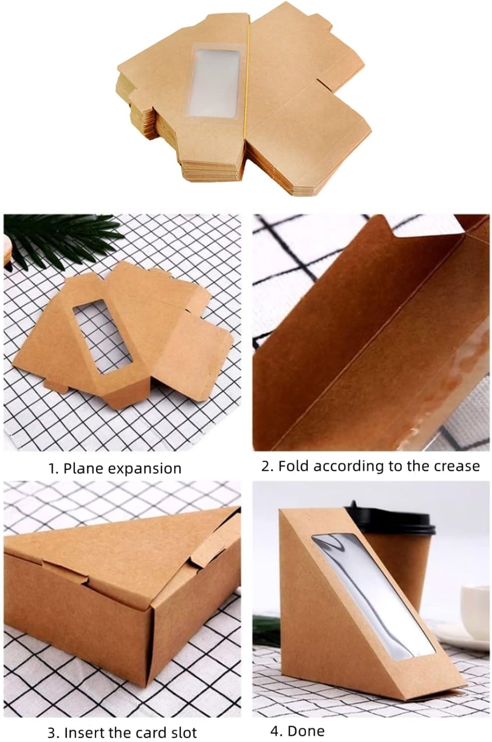 50 cajas de papel sándwich, cajas de sándwich de papel kraft con ventana, caja de cuña, recipiente individual para sushi para panadería, pastel de