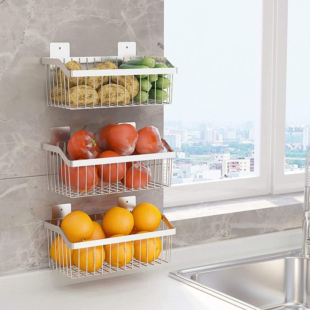 Cestas de alambre de metal de acero inoxidable montadas en la pared para organización y almacenamiento de cocina, cesta de frutas colgante,