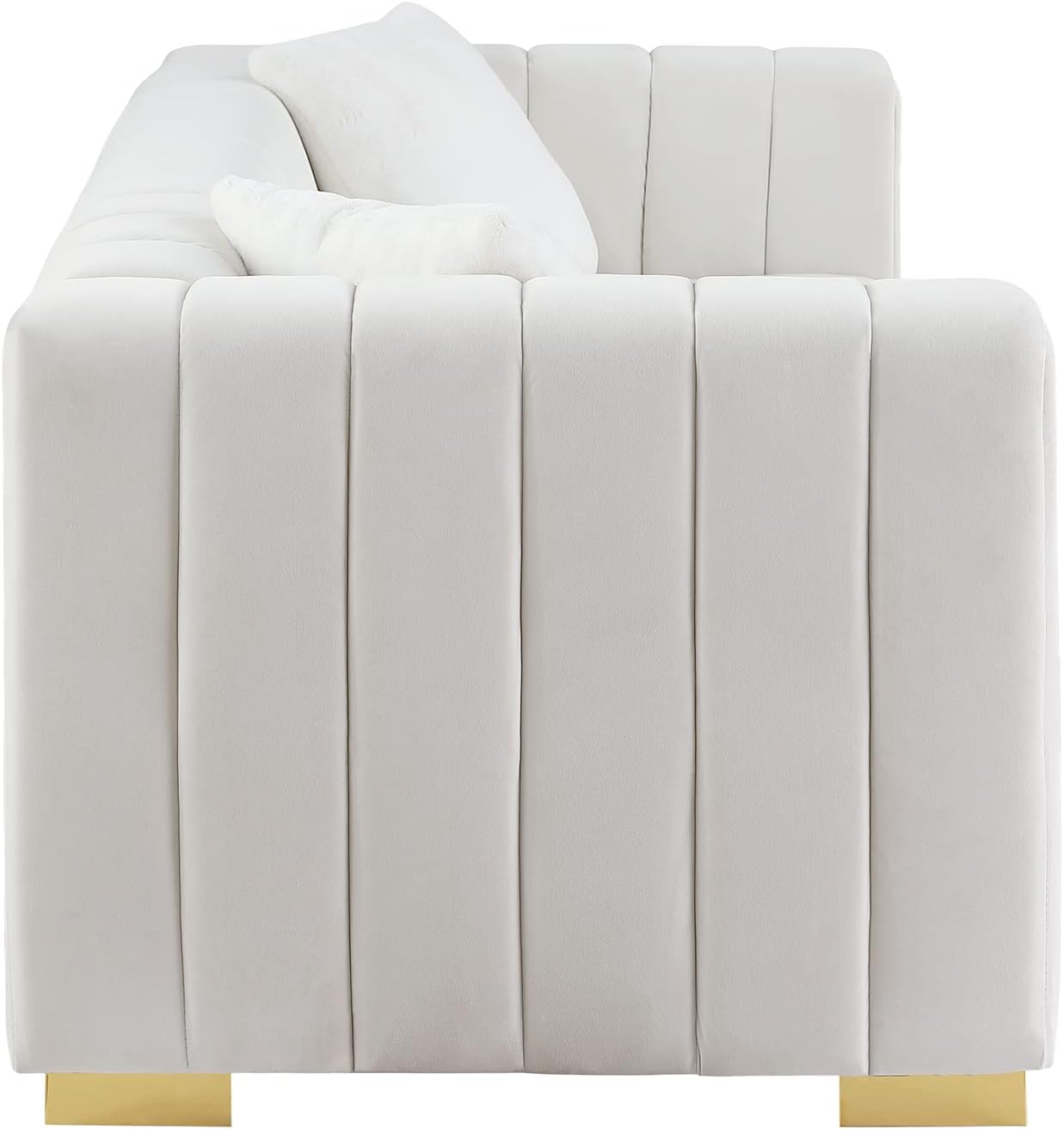KIVENJAJA Sofá de 3 plazas de terciopelo capitonado con canal con 2 almohadas, brazos cuadrados y patas de metal dorado para sala de estar,