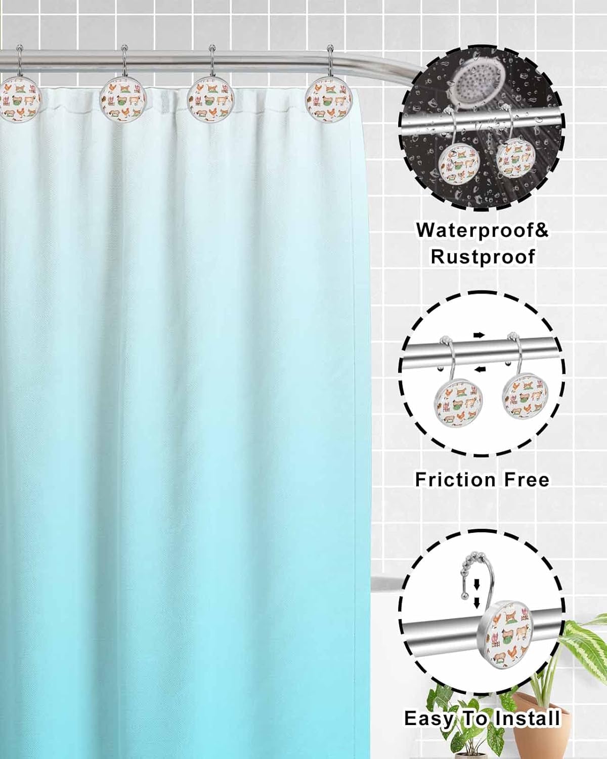Shower Curtain Hooks Set of 12 Farm Animal Pig Cock Sheep Country Style Crystal Glass Shower Curtain Rings for Bathroom Decorative Stainless Steel
