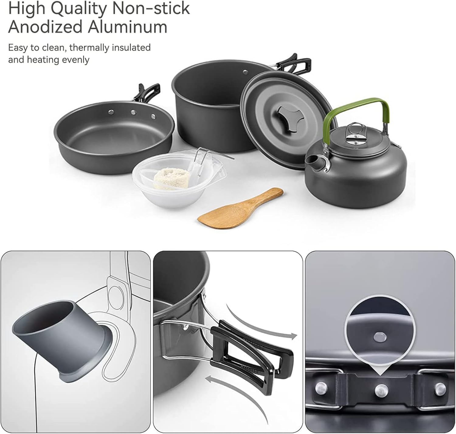 Adviarsim Kit de utensilios de cocina de aluminio para acampar al aire libre, juego de cocina plegable, tetera y sartén, ollas ligeras