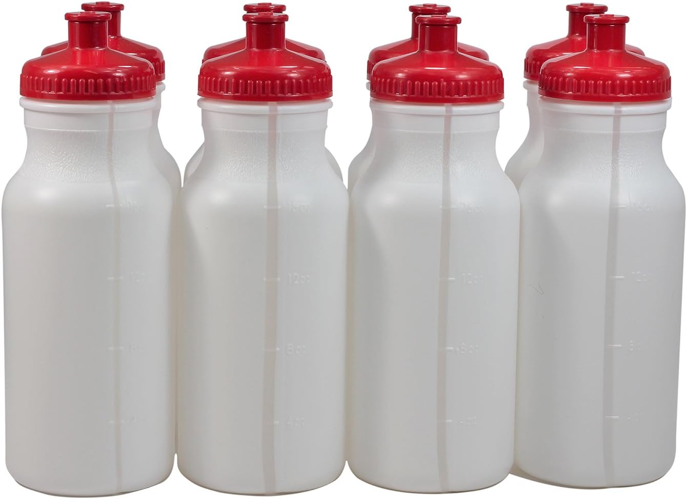Botellas de agua deportivas de plástico para apretar, tapa de empujejalar, 20 onzas, sin BPA, juego de 8 (tapa roja)
