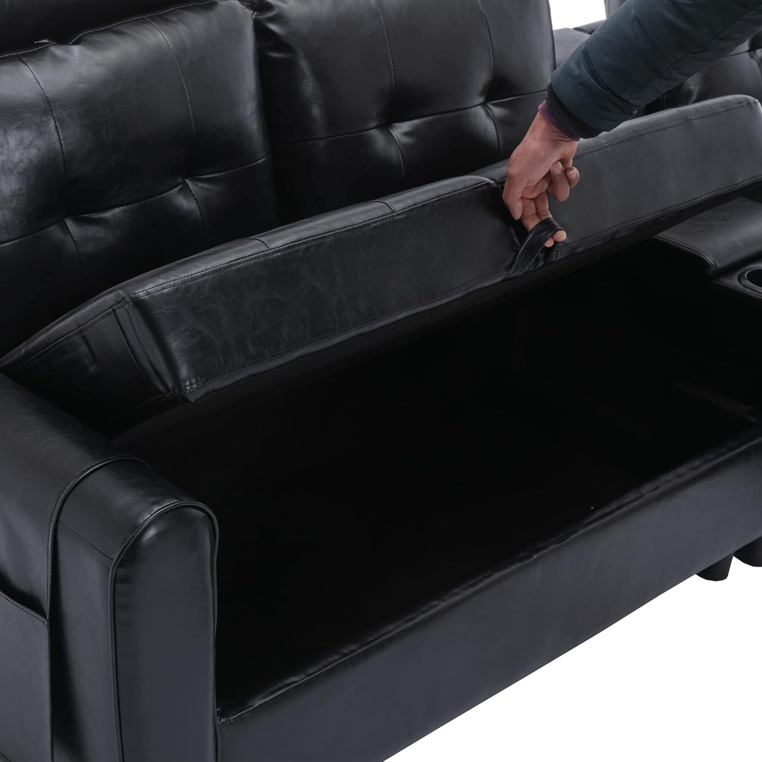 Sofá para sala de estar, sofá de cuero negro con portavasos y gran espacio de almacenamiento debajo del sofá para dormitorio, estudio de oficina