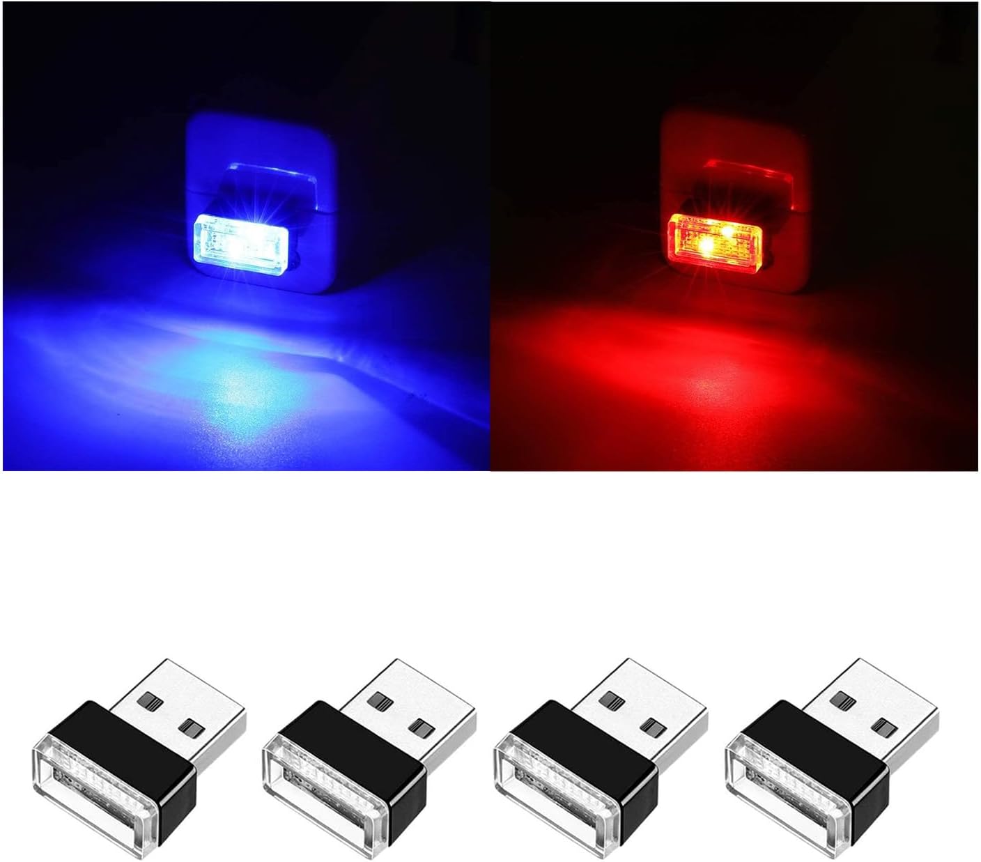 Ziciner 4 lámparas LED USB para interior del automóvil, mini luz nocturna LED portátil, kit de iluminación ambiental de interfaz USB enchufable,