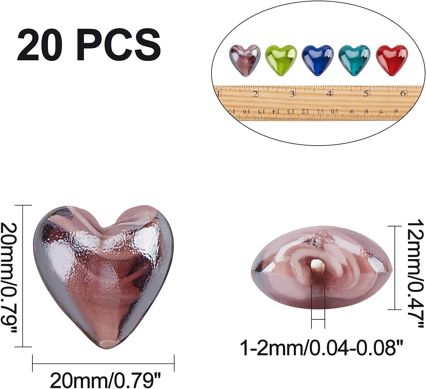 arricraft 20 cuentas de corazón de 0.787 in, espaciadoras hechas a mano, cuentas de vidrio para hacer joyas, colores mixtos