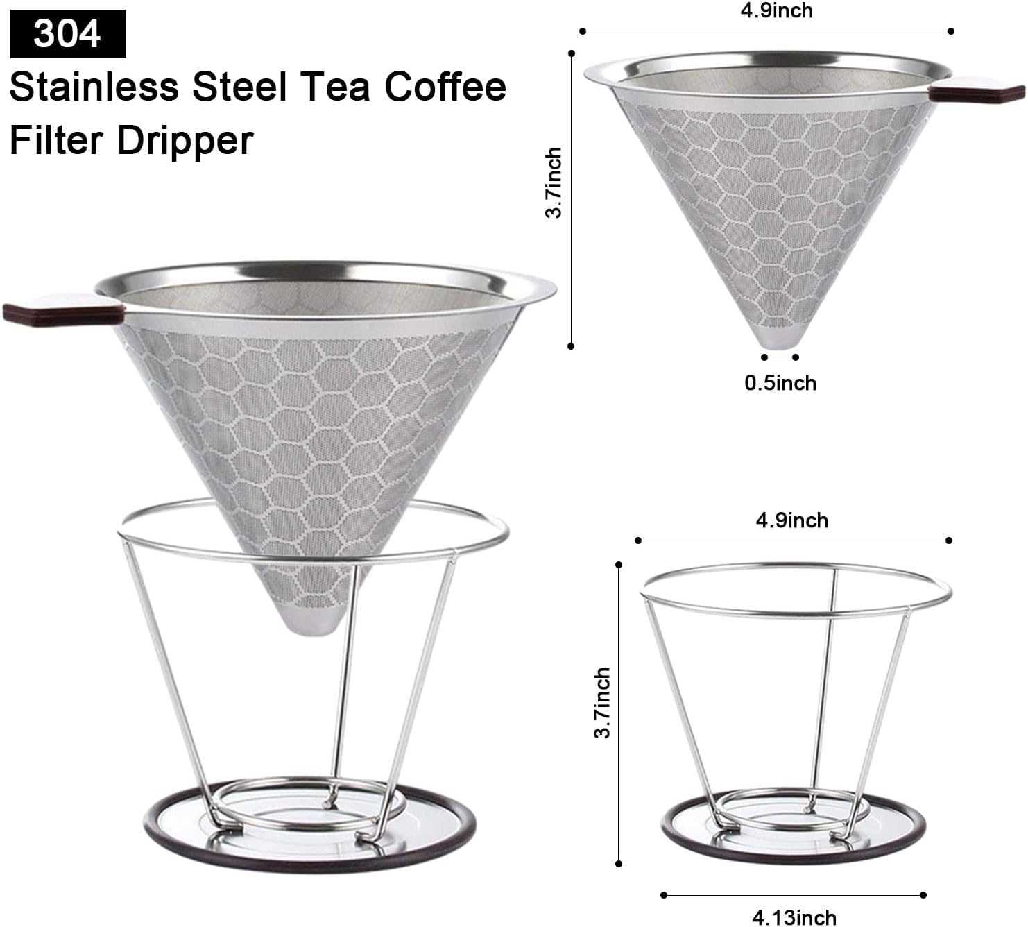Gotero reutilizable para verter sobre café con cono de café, cesta de filtro de café de doble capa de acero inoxidable con forma de panal de abeja