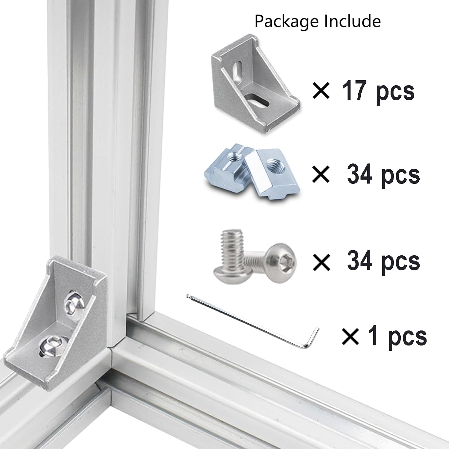 Serie 2020 17 juegos Silve 20S T Ranura de aluminio Juego de conectores de perfil de extrusión de aluminio, 17 piezas de soportes de esquina, con 34