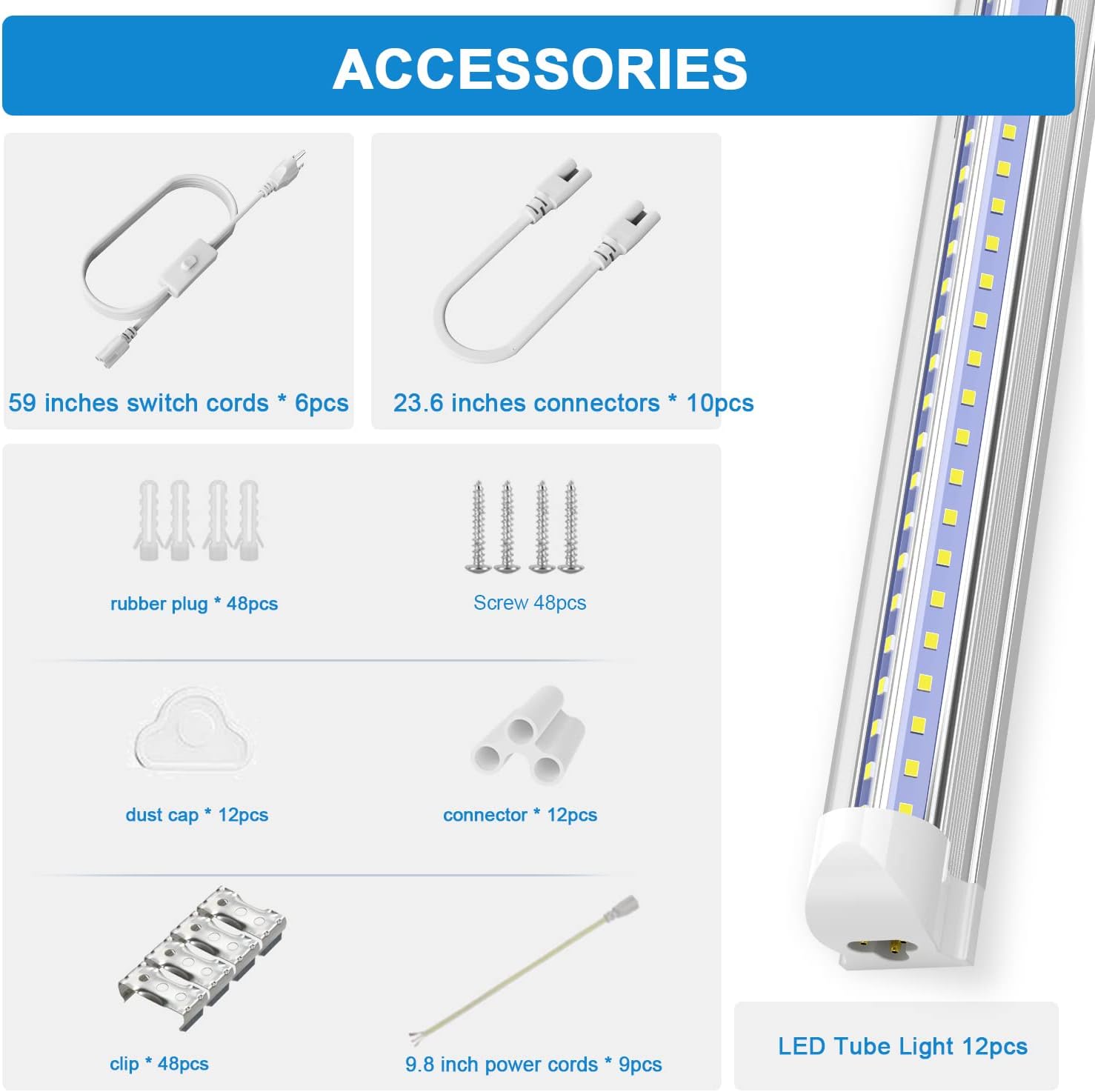 SHOPLED Luz LED de tienda de 8 pies, 72 W, 9360 lúmenes, 5000 K, luz blanca, cubierta transparente, forma de V, tubo LED T8, alto rendimiento, luces