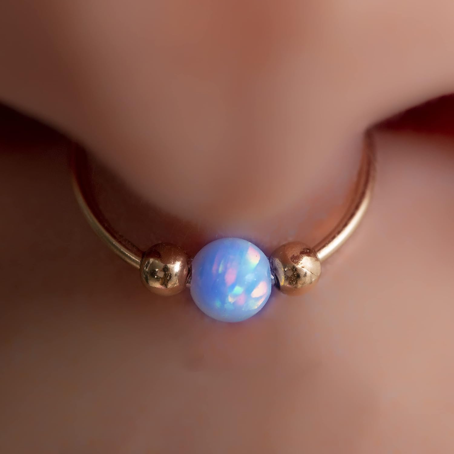 Blue Opal Septum Ring Hoop 14k Gold Filled – 20G Tiny Septum Nose Hoop For Women – 8mm Inner Diameter 0.3 Inches Jewelry